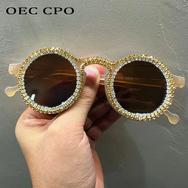 OEC CPO Ladies Shining Diamond Round Sunglasses Women Fashion Multicolor Luxury Rhinestone Eyewear Female UV400 gafas de sol