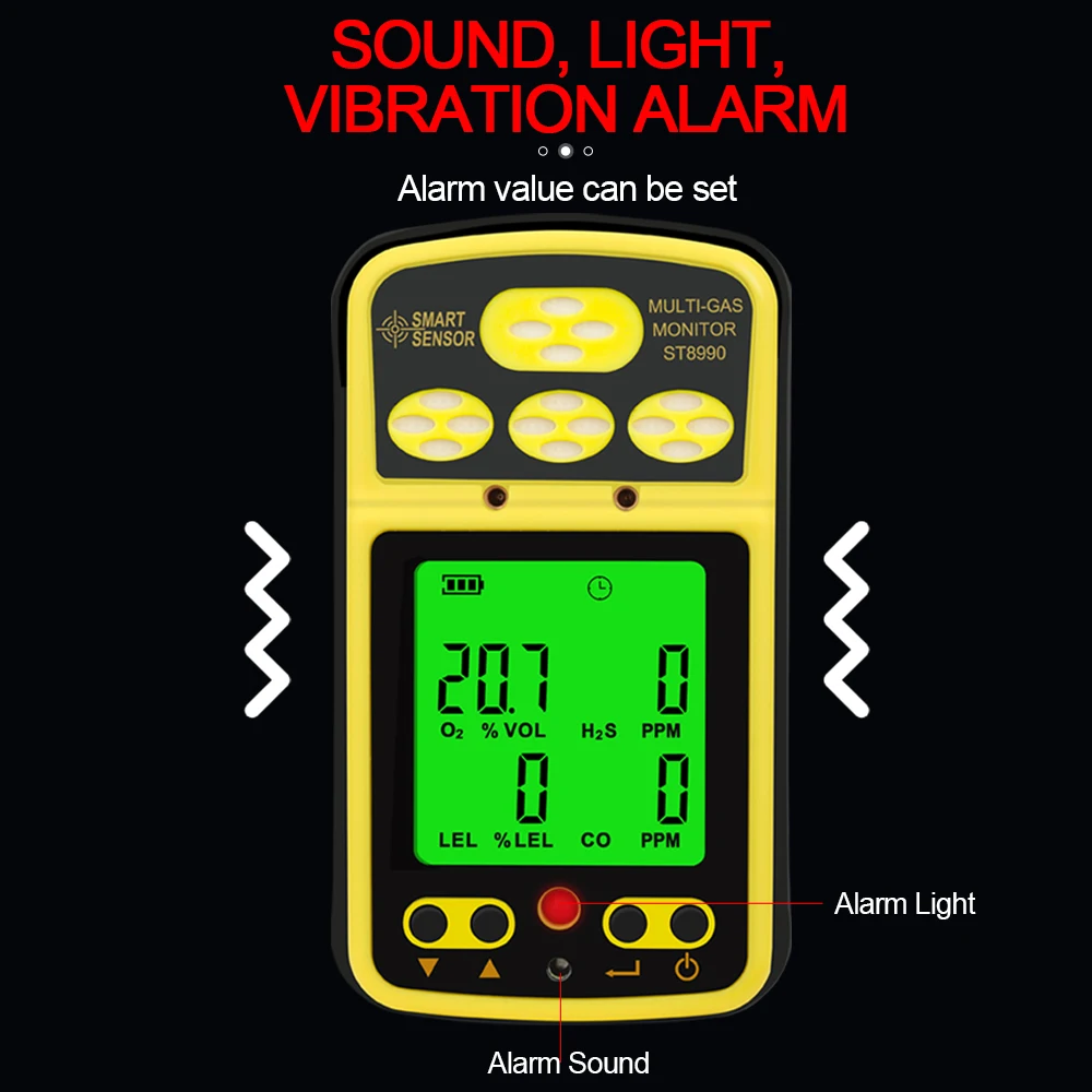 Imagem -04 - Detector de Gás Recarregável com Função de Alarme de Retroiluminação Analisador de Alarme o2 Lel co H2s em St8990