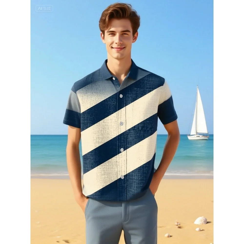 

2025 New men's striped linen short-sleeved shirt, summer refreshing and comfortable fabric, high-quality button top