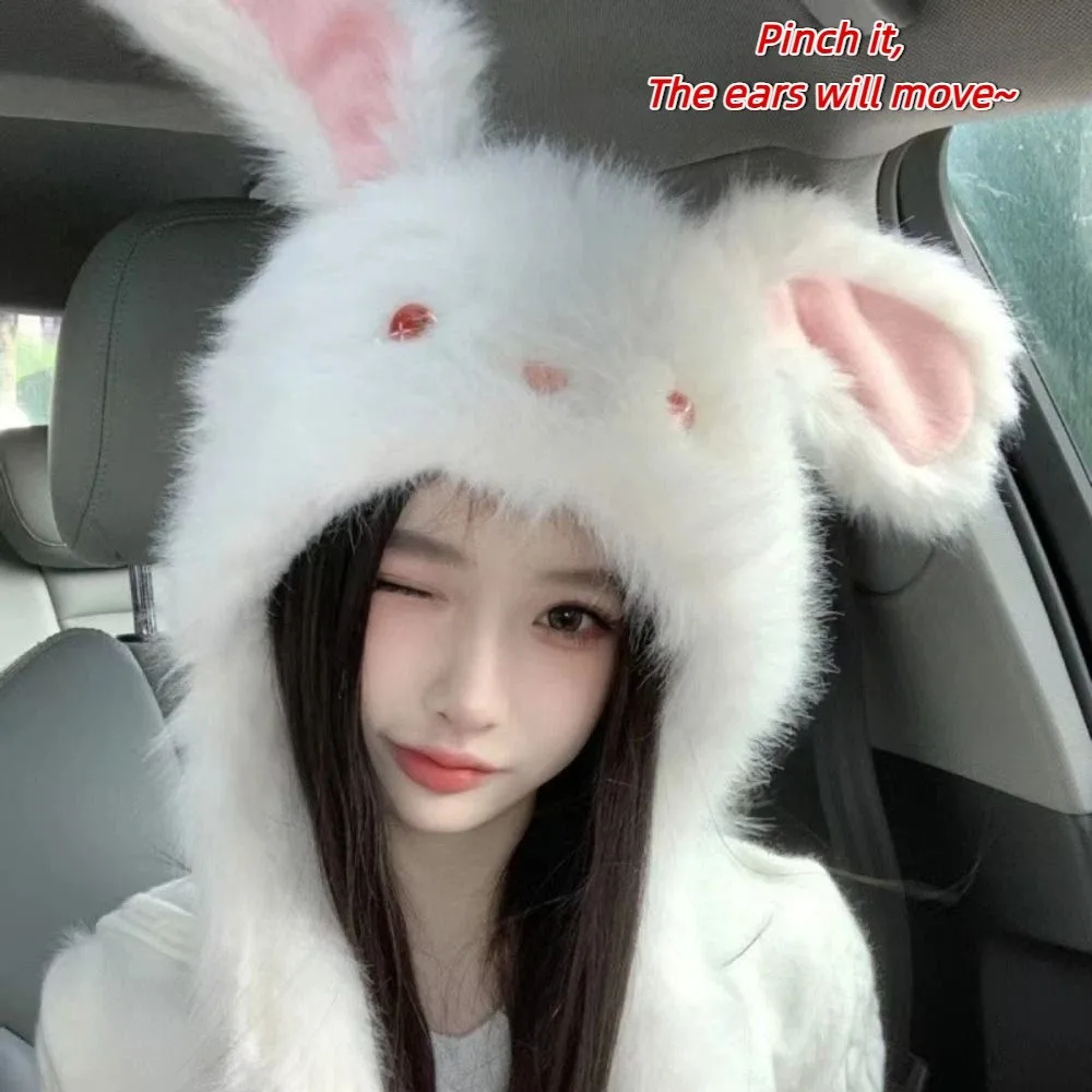 

Anti-cold Winter Plush Hat Little Rabbit Windproof Rabbit Ears Warmer Hat Solid Color Ear Will Move Fluffy Ear Protection Cap