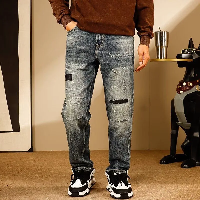 

Spring/Autumn Classic Fashionable American Retro Straight Leg Ripped Jeans Men's Casual Loose Fit Sports High Quality Denim Pant