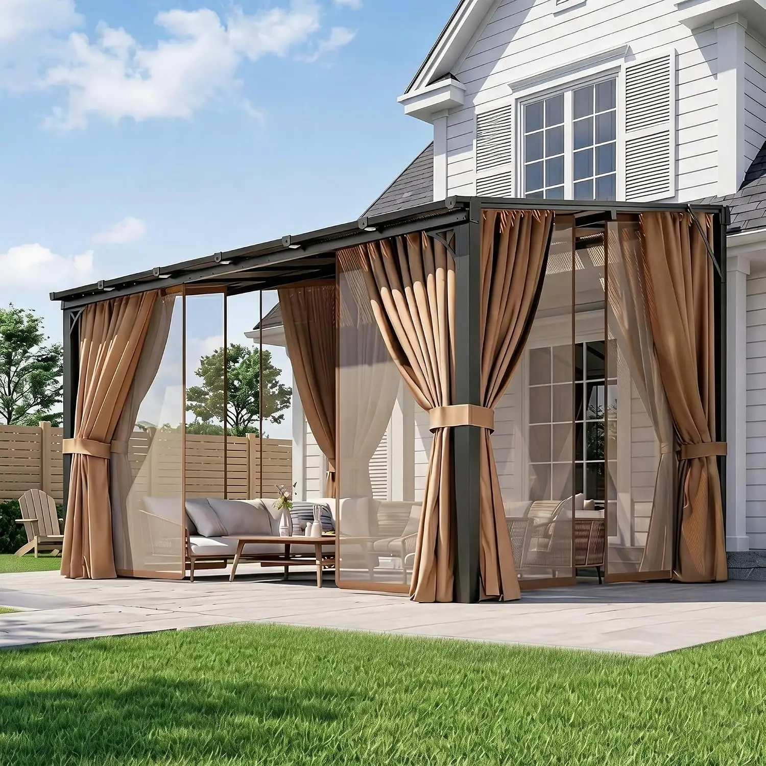 Wall Mounted Gazebo 10'x12' with Net & Curtains, Aluminum Frame, Polycarbonate Roof for Backyard Porch Deck, Customized