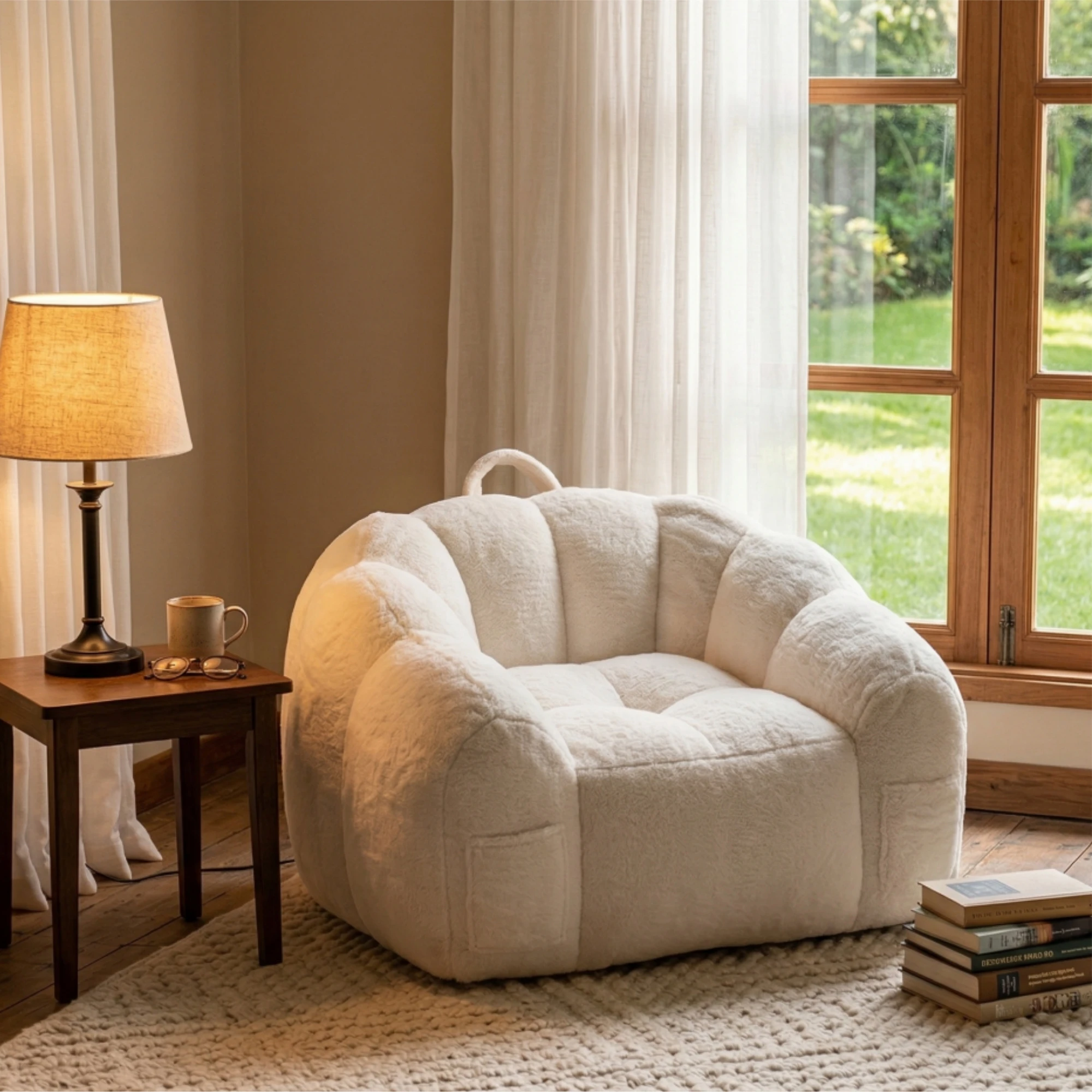 Sillón Puff de Felpa con Forma de Mangostán, Sofá de Suelo Suave con Cojín y Bolsillo Lateral para Sala de Estar y Dormitorio, 115 x 93 x 65 cm