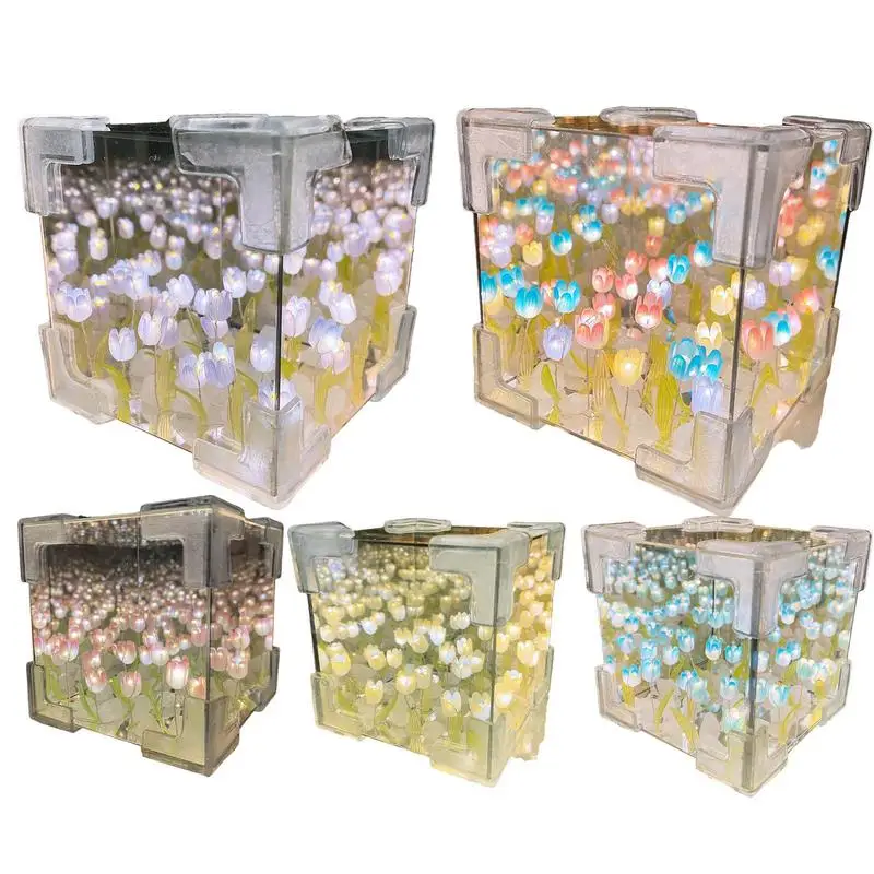 

Новая зеркальная кубическая лампа, имитация цветов, лампа для спальни, настольная лампа с цветами, настольное украшение, прикроватный подарок для дома, спальни