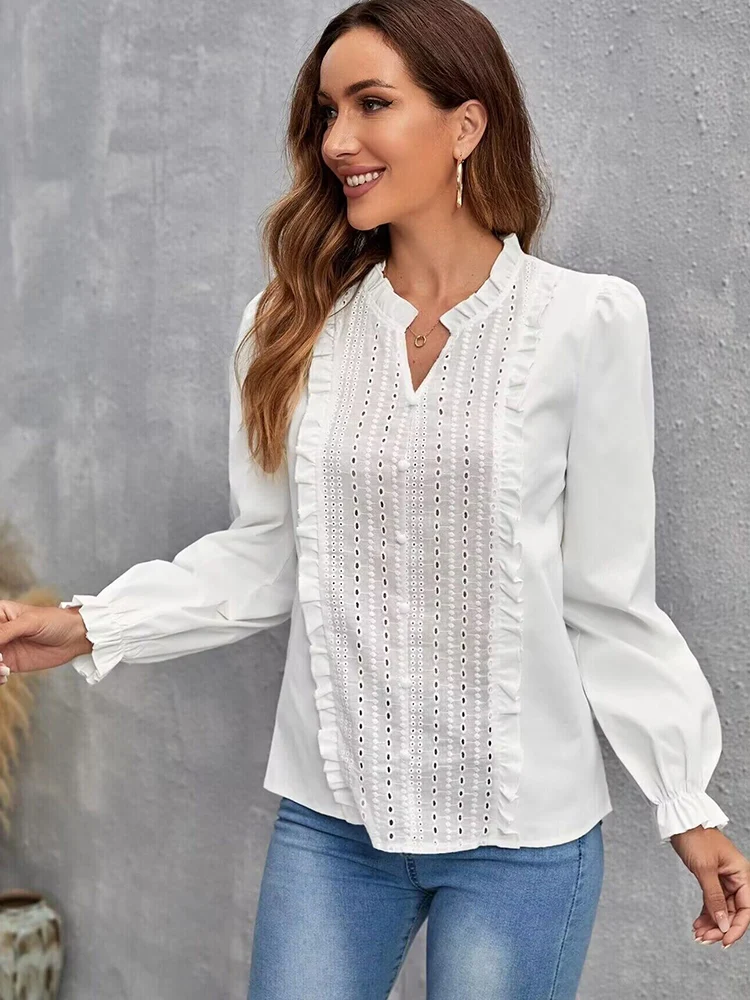 Elegant Lace Stitching Women\'s Autumn Blouses Fashion Puff Long Sleeve Top Casual White Shirt Youth Woman Blouses