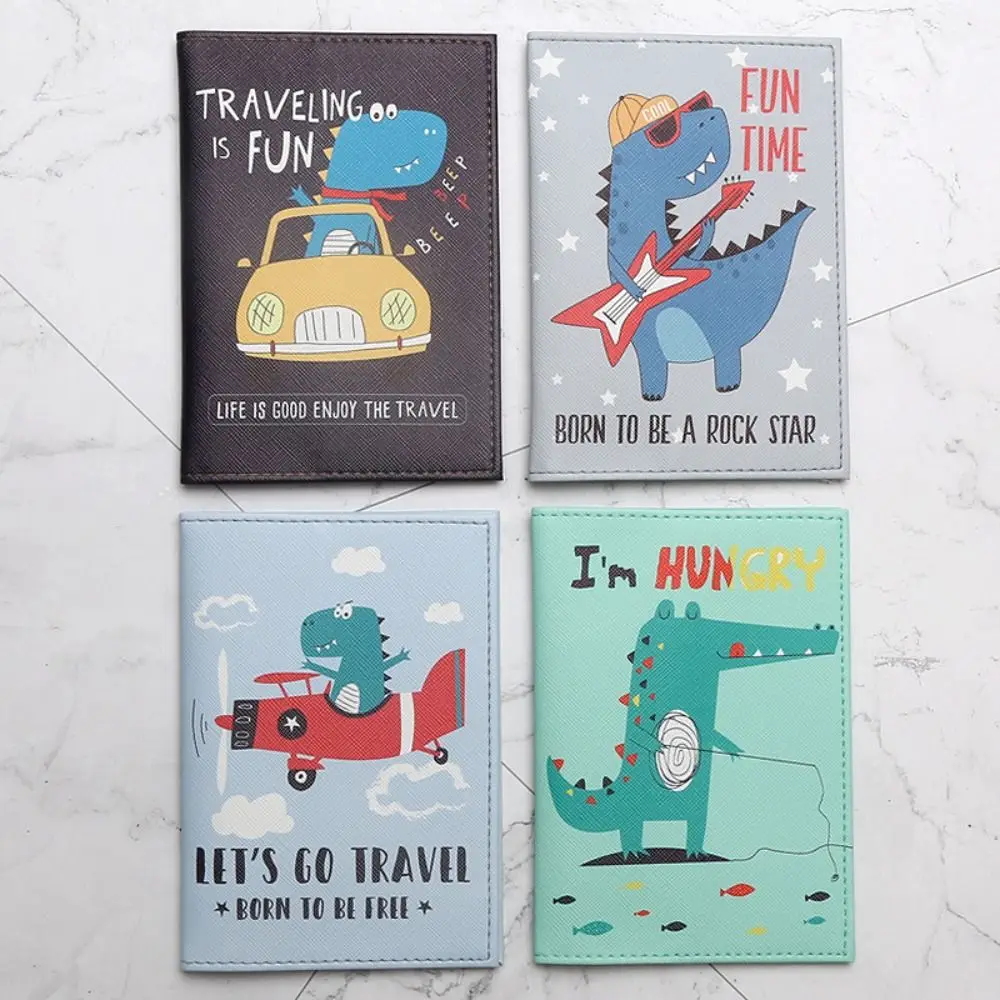Multifunctional PU Leather Passport Cover Cartoon Dinosaur Storage Bag Passport Clip Printed Document Organizer Men