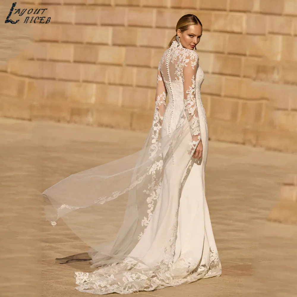 Boho Cape Sleeve Wedding Dress High Neck Illusion Back Romantic Bridal Gown Mermaid Appliques Satin vestidos de novia Customized