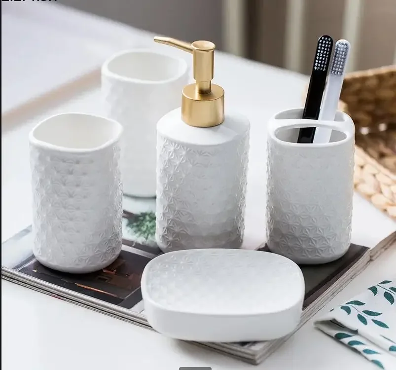 

White Ceramic Bathroom Five Piece Set Wash Set Bathroom Supplies Toiletries Mouth Cup Toothbrush Holder Lotion Bottle Soap Dish