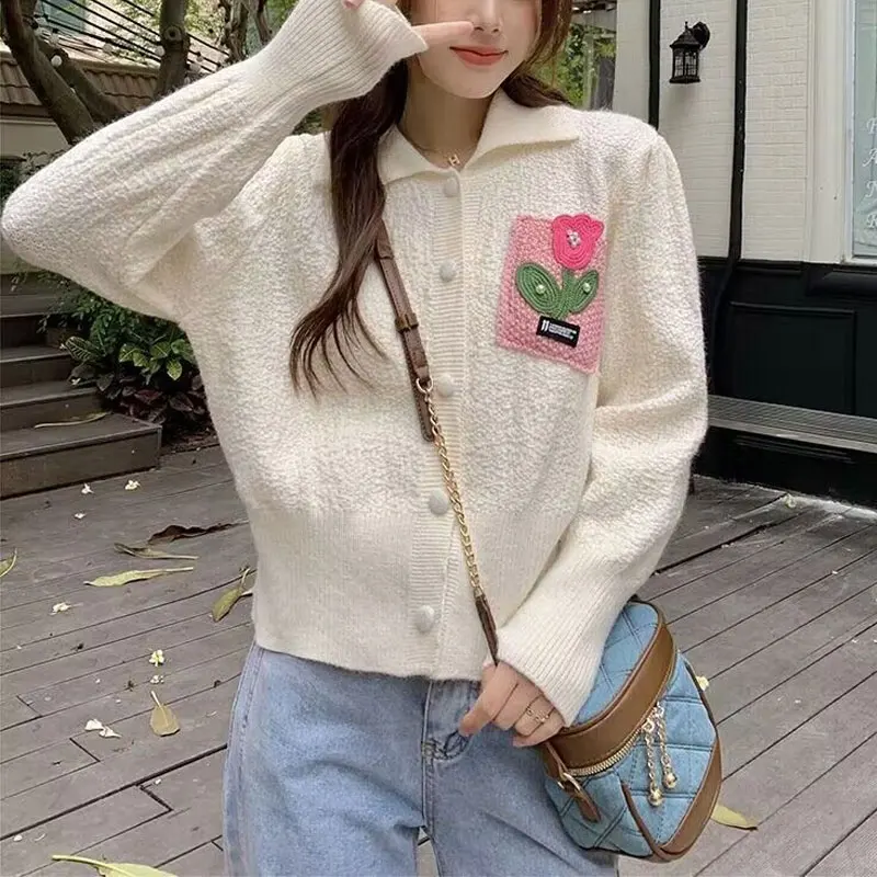 

Gentle Turn-down Collar Knitted Cardigan Female Clothing Floral Fashion Beading Spring Autumn Single-breasted Loose Sweaters New