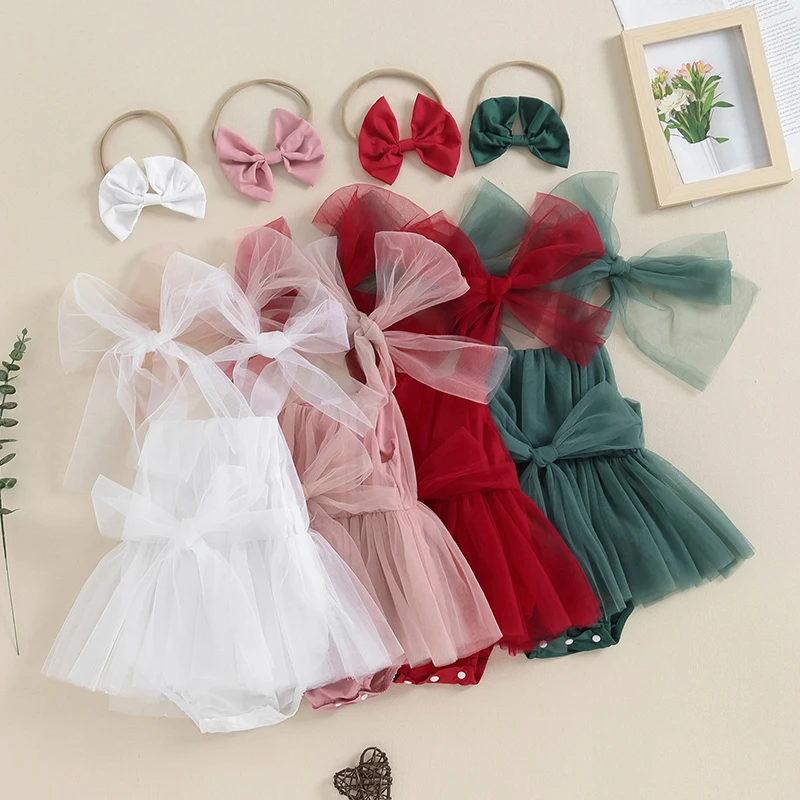 

2023-09-28 Lioraitiin 0-18M Baby Girls Rompers Dress Solid Color Tulle Skirt Hem Sleeveless Jumpsuits with Bow Headband Clothes