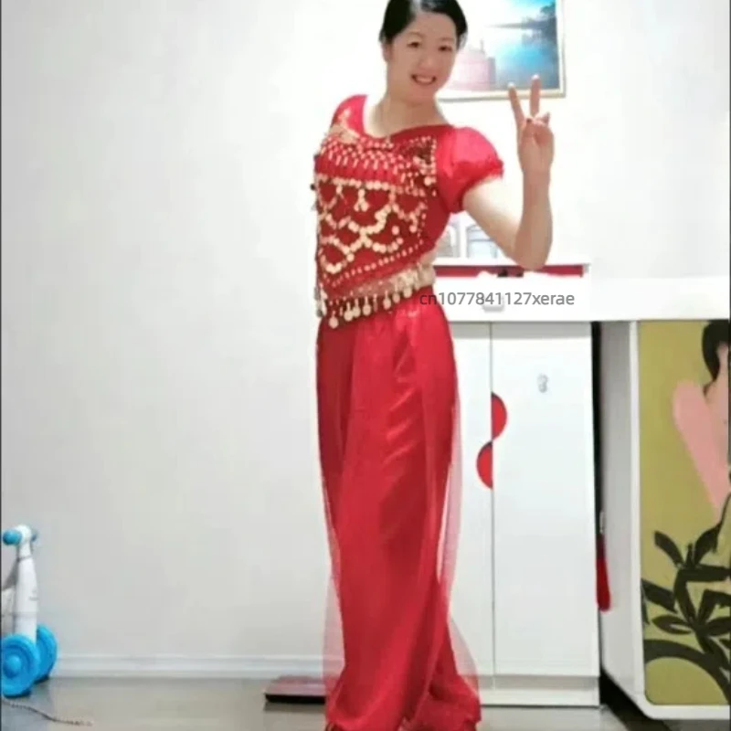 New Belly Dance Costume Indian Dance Stage Performance Belly Dance Set Sparkling Top Short Sleeve Long Dance Stage Costume