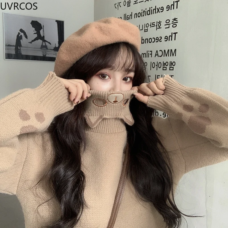 Korean Fashion Sweet Turtleneck Knitted Pullover Women Kawaii Cat Claw Embroidery Sweaters Coat Girly Japan Harajuku Y2k Clothes