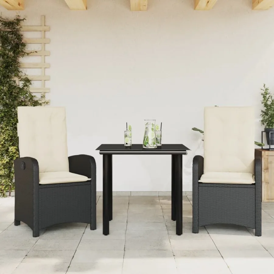 

3 Piece Patio Dining Set with Cushions Black Poly Rattan