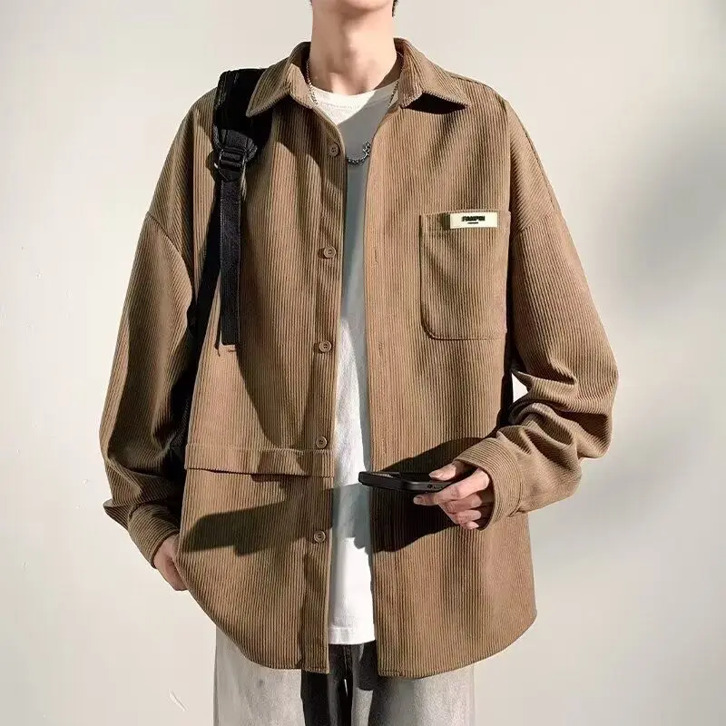 

New Men's Casual Loose irt Autumn Faion Versatile Outerwear Stand Fit Long Sve Polyester Non-Ironed Open Cardigan