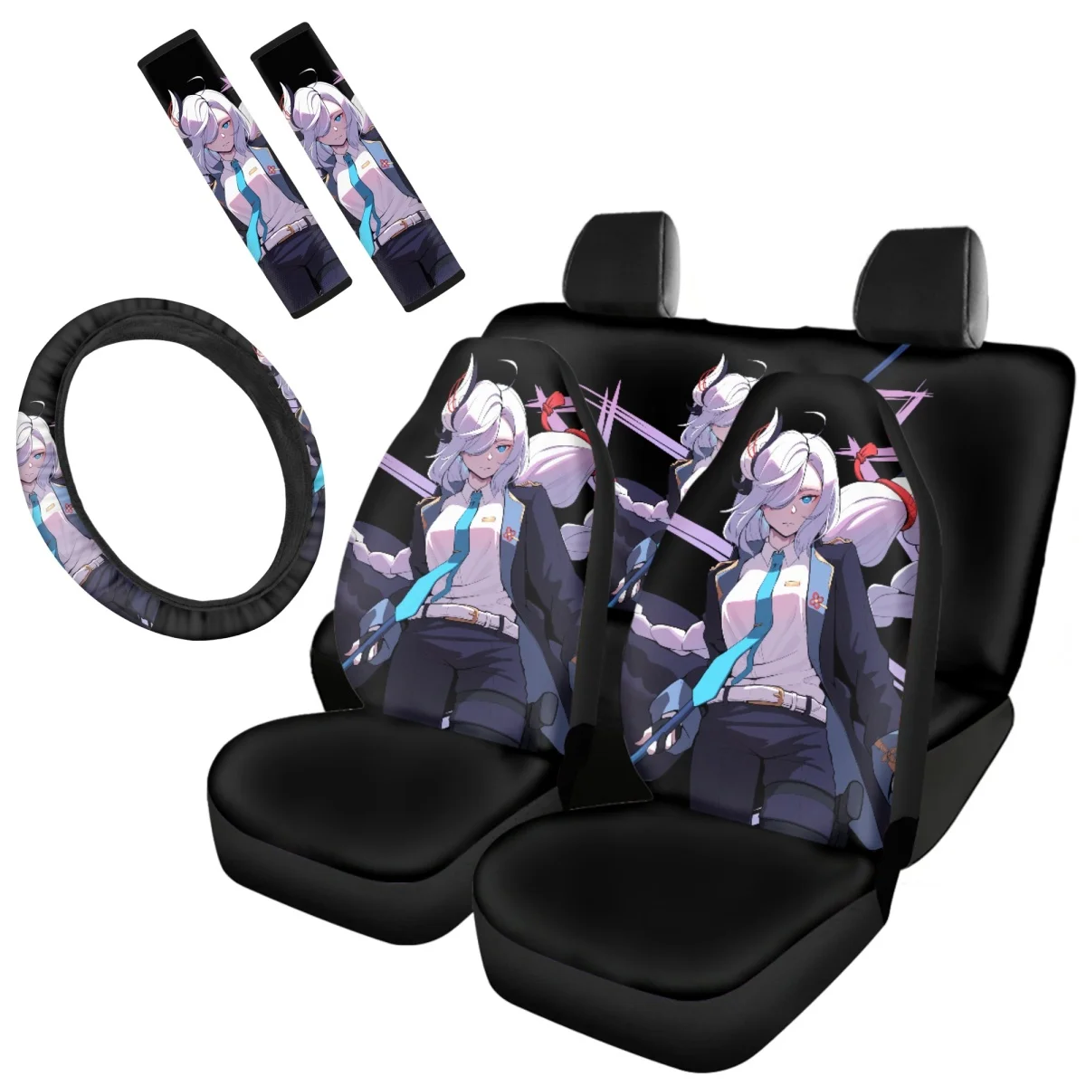 Cute Cartoon Anime Character Pattern Car Accessories Front Back Seat Covers Auto Clean Protector SeatBelt Steering Wheel Cover