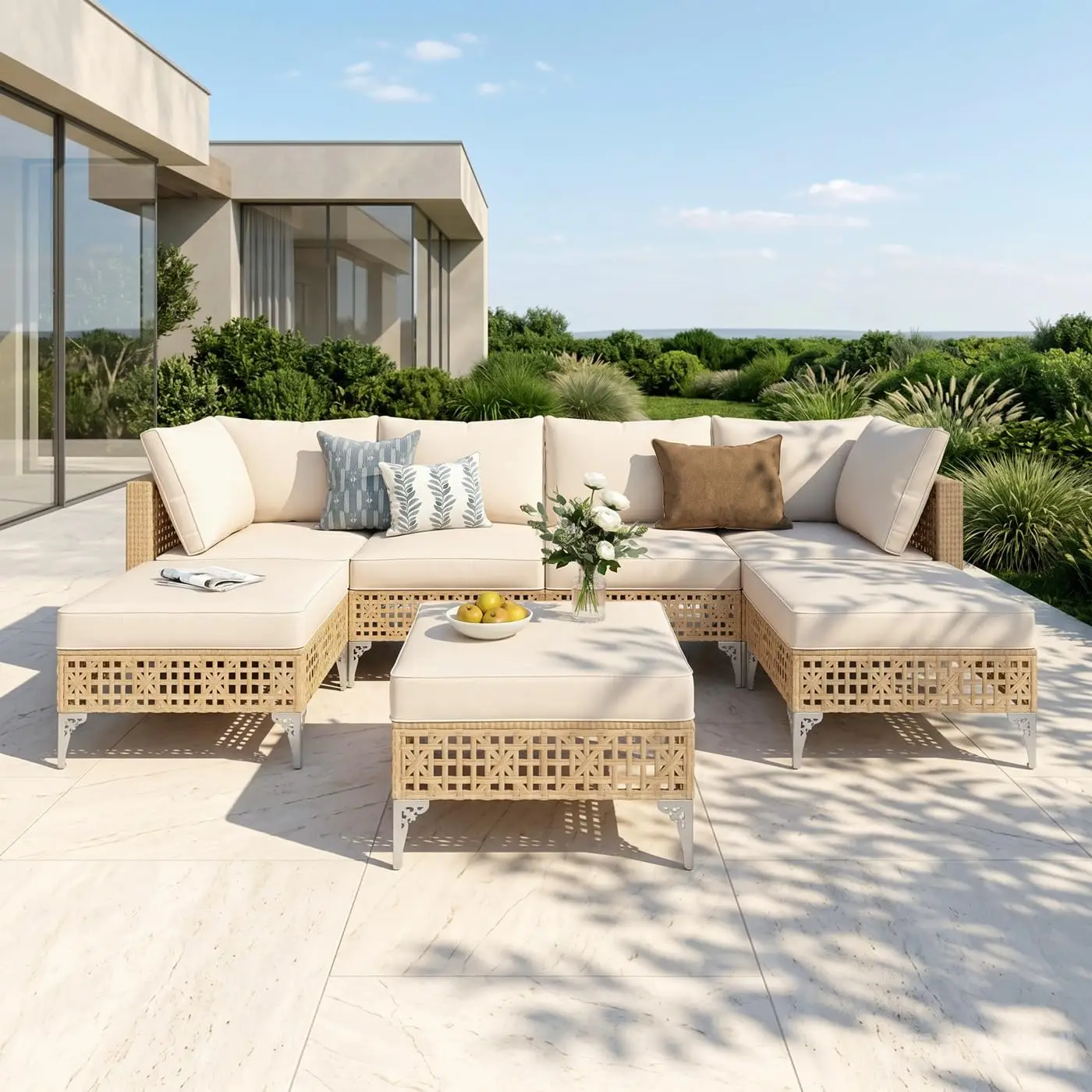 Wicker Patio Furniture Set 7 Seats with Silver Finish Foot, Customized