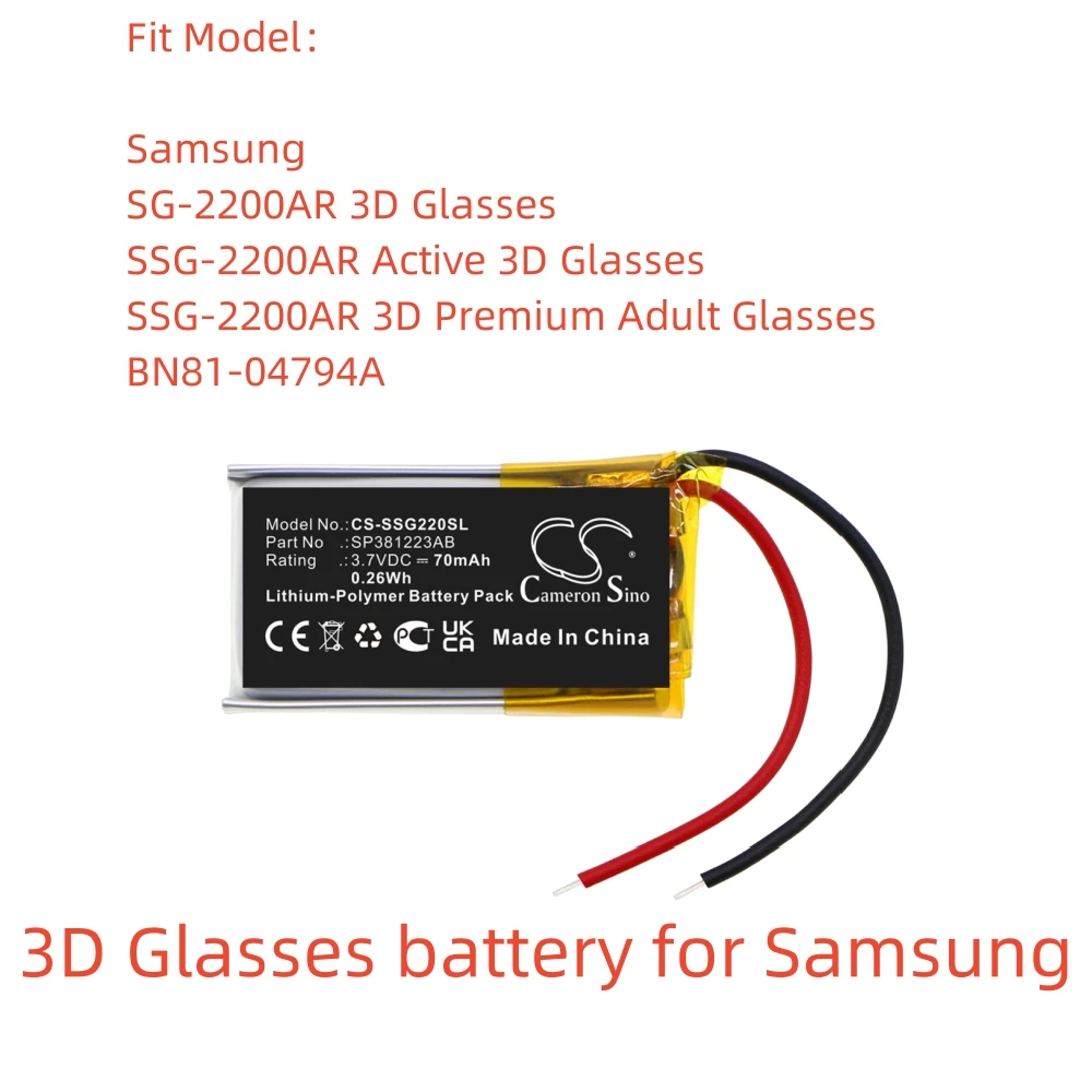 Li-Polymer 3D Glasses battery for Samsung.3.7V,70mAh,SSG-2200AR 3D Premium Adult Glasses BN81-04794A SP381223AB