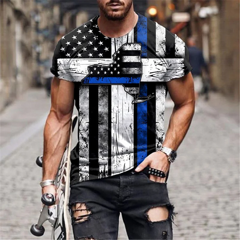 Summer New Mens Oversized Vintage Short Sleeve T Shirts Blue Lock Cross Striped Print O Collared Tshirts Men Y2K Playeras Hombre