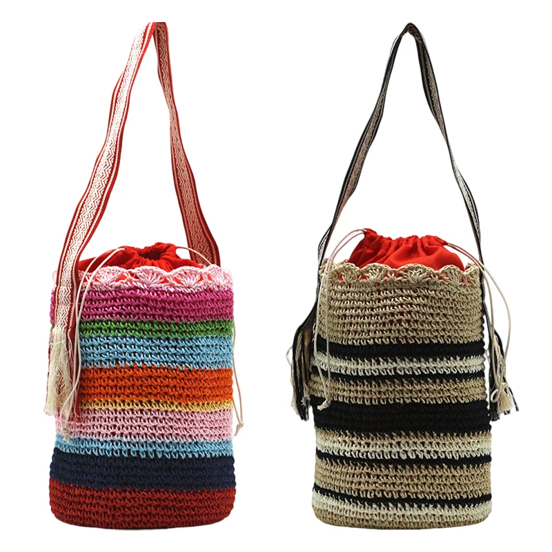 

Woven Bucket Bag Colored Striped Tote Bag for Women Top Handle Daily Mobile Phone Wallet Korean Luxury Designer Tote Bag Handbag