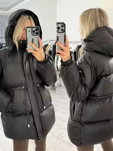 Women Thicken Cotton Jackets Casual Solid Stand Collar Zipper Long Sleeves Lace Up Detachable Hat Coat Winter Lady Warm Outwear