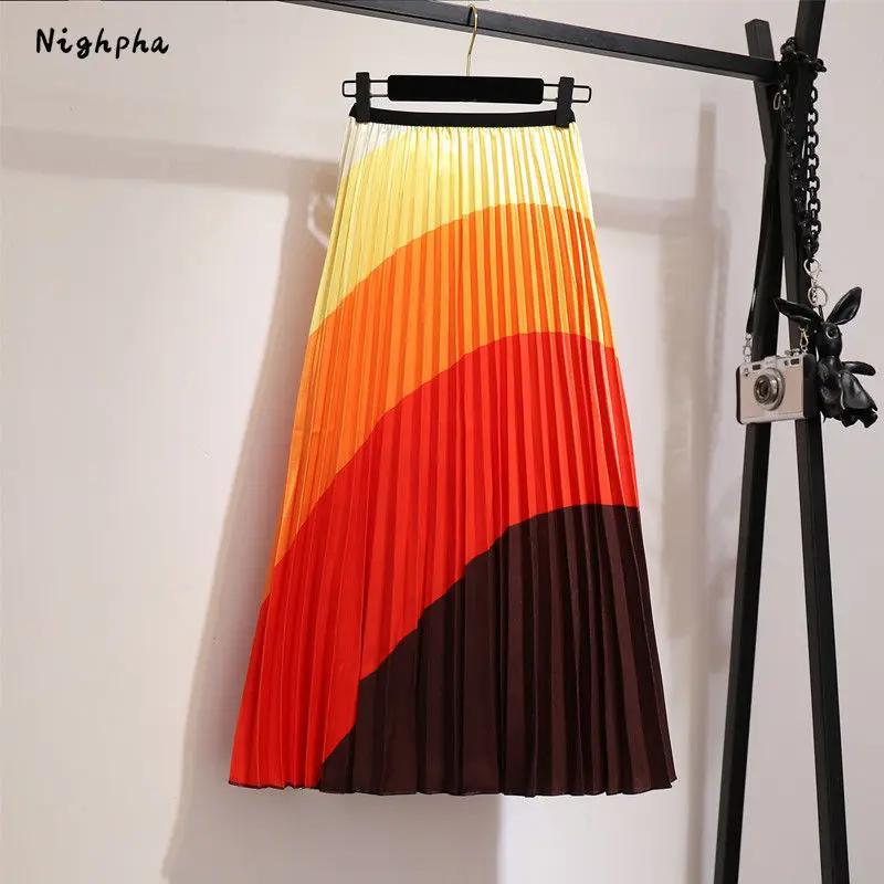 

Nighpha Women's Ripple Digital Print Pleated Skirt High Waist Slim Large Swing Skirt Casual Spring Summer