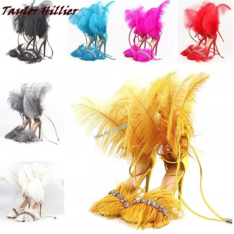 New Rhinestone Gray Feather High Heels Round Toe Open Toe Ankle Strap Super High Heel Women\'S Shoes Nightclub Catwalk Sandals 45
