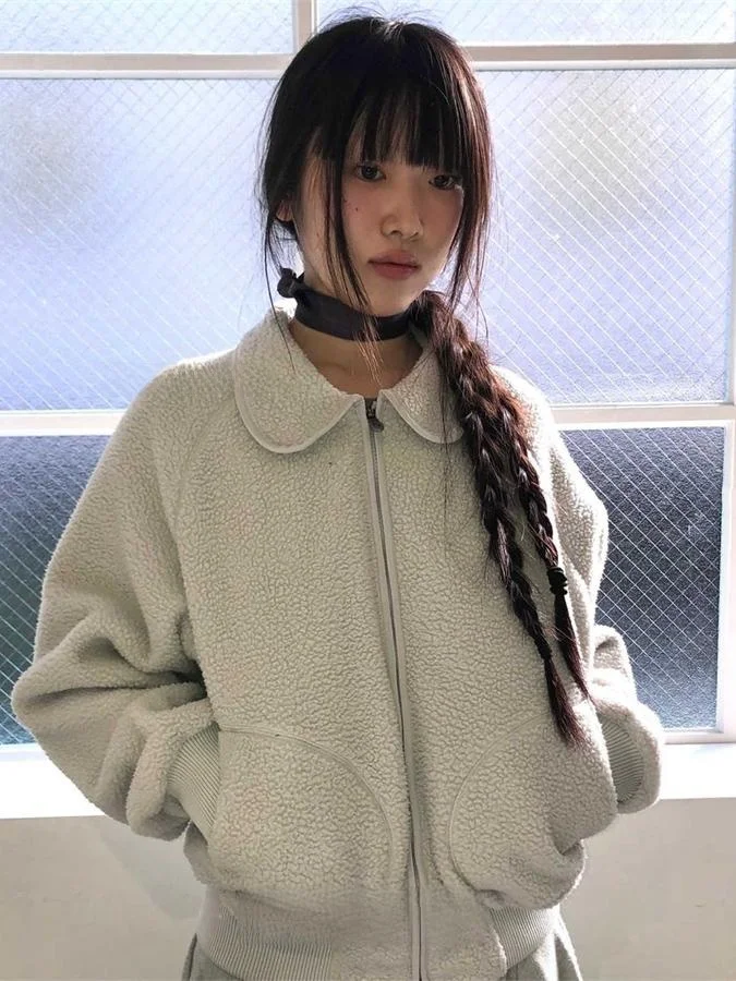 

Ретро SEI Lamb Fur ket Воротник на молнии Fce ort Jaet Свободная повседневная универсальная женская верхняя одежда для поездок на работу Sle Long Sve