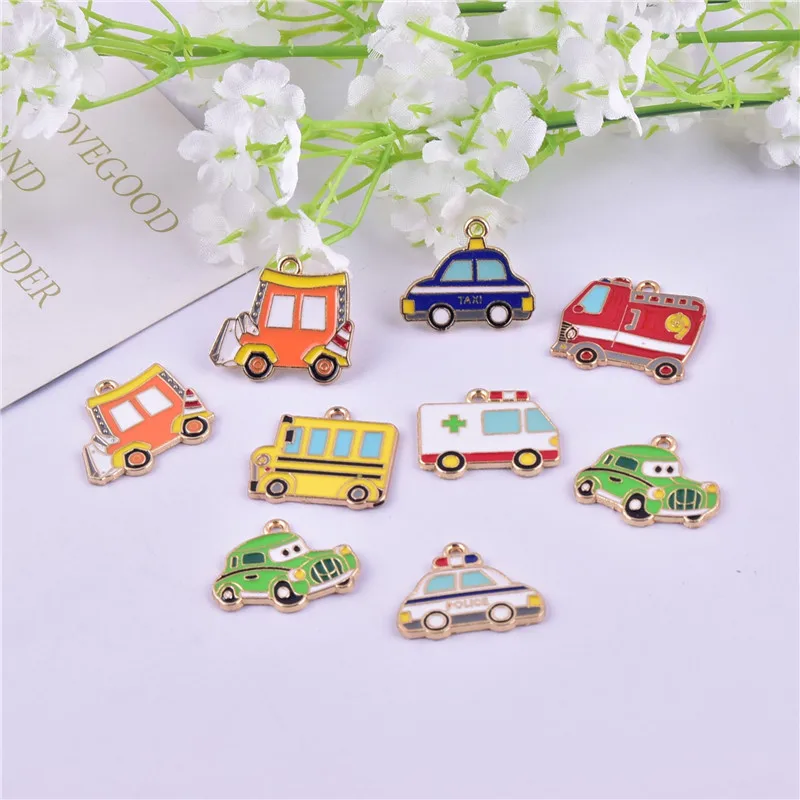 10pcs/pack Cute Cartoon Car Taxi School Ambulance Fire Truck Metal Charms Pendant Jewelry Making Craft DIY