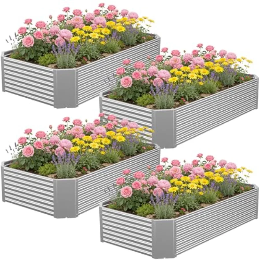 

4 шт. оцинкованных стальных грядок-клумб 4 x 2 фута для выращивания корнеплодов, трав и цветов, большие металлические садовые грядки для улицы