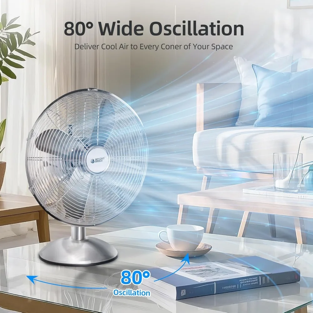 مروحة طاولة ريترو مقاس 12 بوصة، مروحة مكتب معدنية بالكامل مع 3 سرعات قابلة للتعديل و80 °   تذبذب واسع، مثالي لغرفة النوم والمكتب
