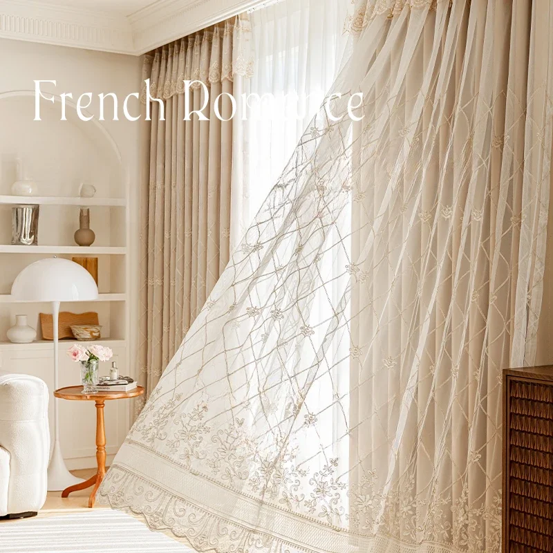 

French Blackout Curtains for Bedroom Living Room Luxury Double-layer Curtains with Gauze Insulation and Sun Protection Cream