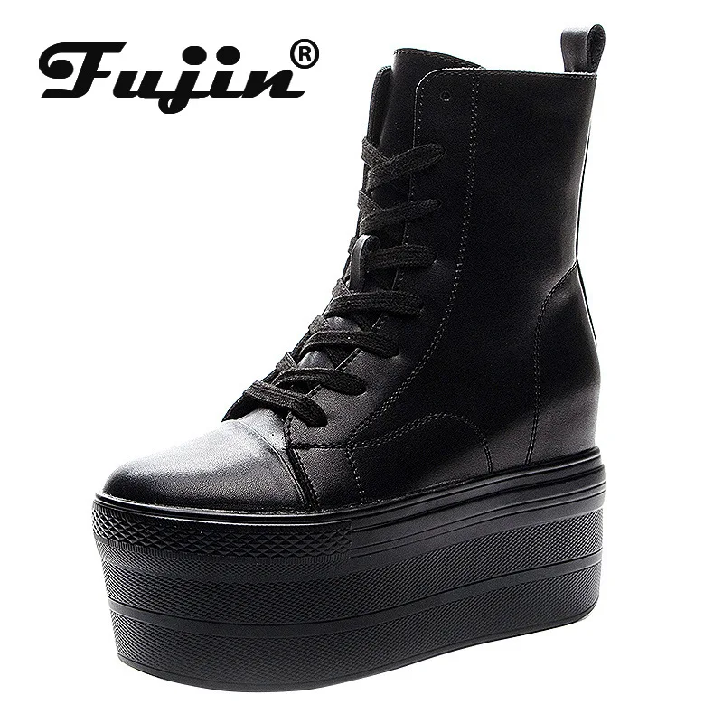 

Fujin Genuine Leather 10cm Super Thick Sole Platform Wedge Hidden Heel Boots Shoes Zipper Winter Boots Ankle Warm Booties 2024