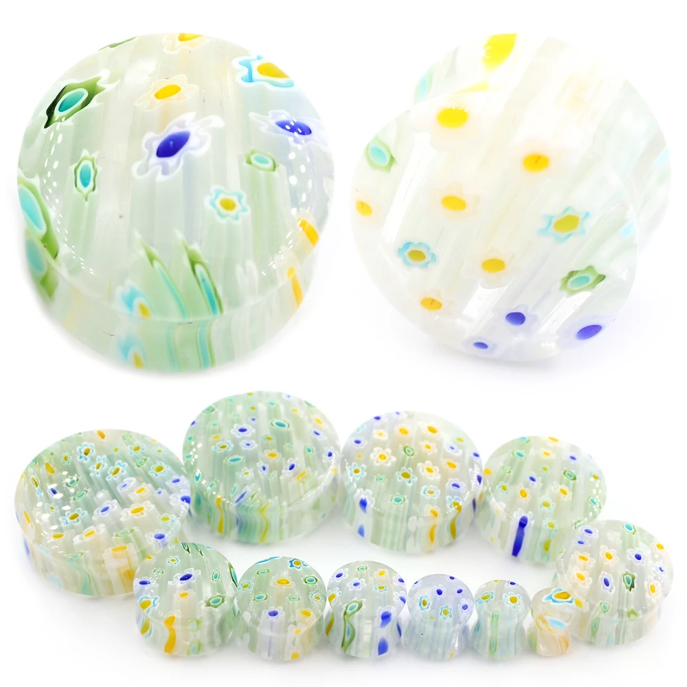 Alisouy 2PCS 6-30mm Glass Glaze Flower Flared Ear Tunnels Plugs Flesh Stretcher Expander Gauges Earrings Piercing Body Jewelry