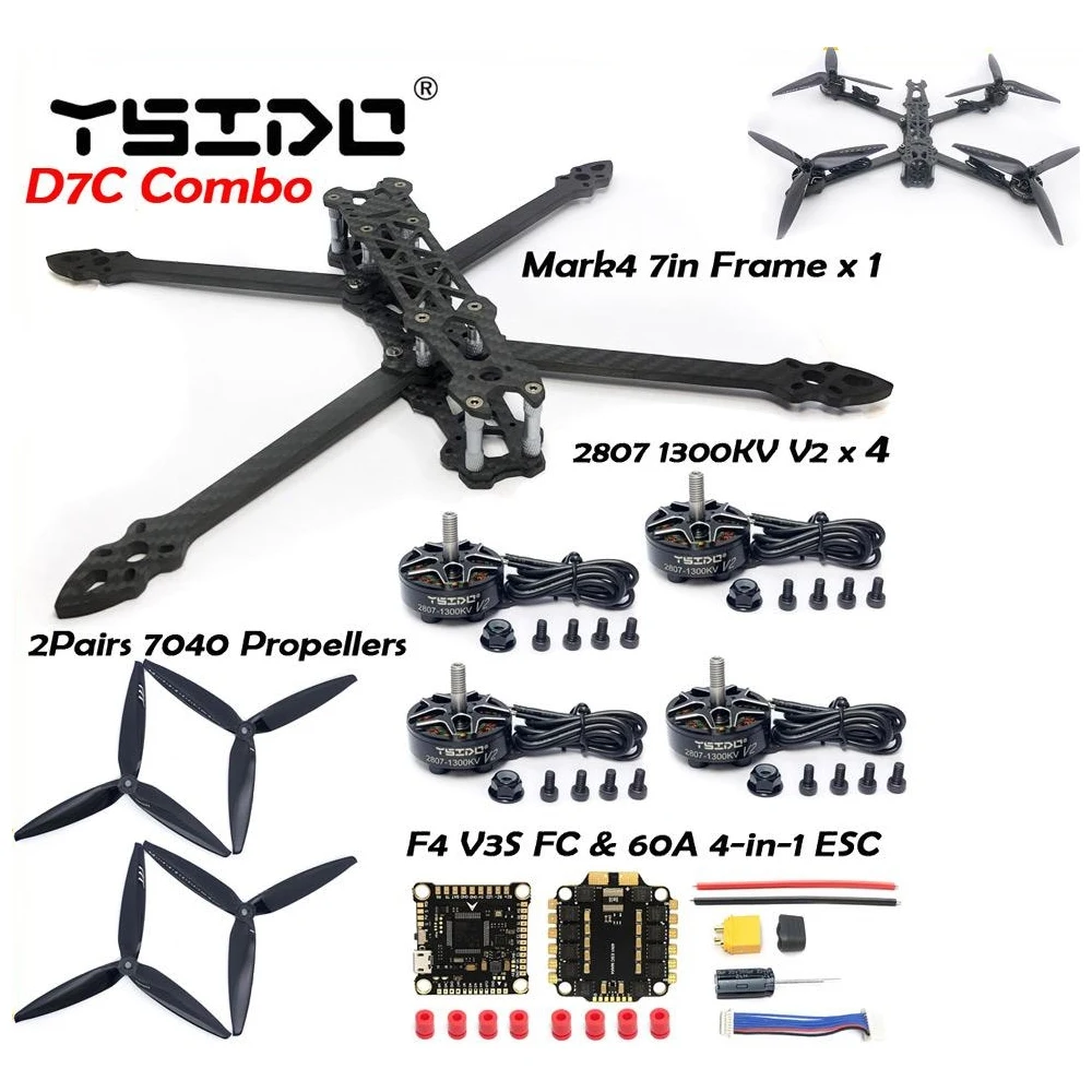 MARK4 7inch 295mm Wheelbase Carbon Fiber Frame 5mm Arm 2807 1300KV Brushless Motor 7inch propeller For FPV 7