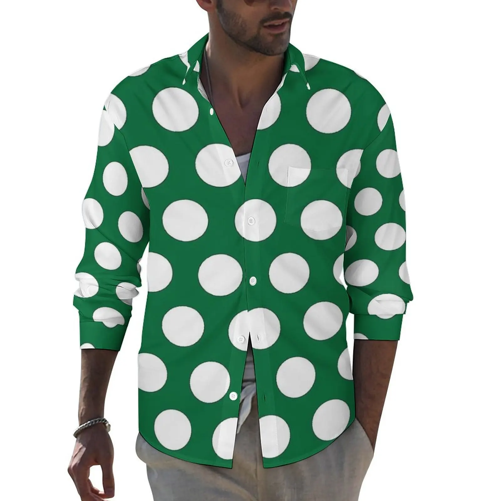 

Polka Dots Green And White Casual Shirts Male Shirt Long Sleeve Novelty Funny Blouses Autumn Custom Tops Plus Size 3XL 4XL