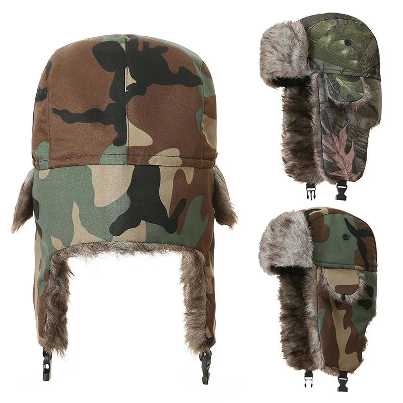 Men's Winter Camo Lei Feng Outdoor Hat Trapper Aviator Trooper Earflap Warm Waterproof Ski Hats Bomber Cap Ear Protectors Hats