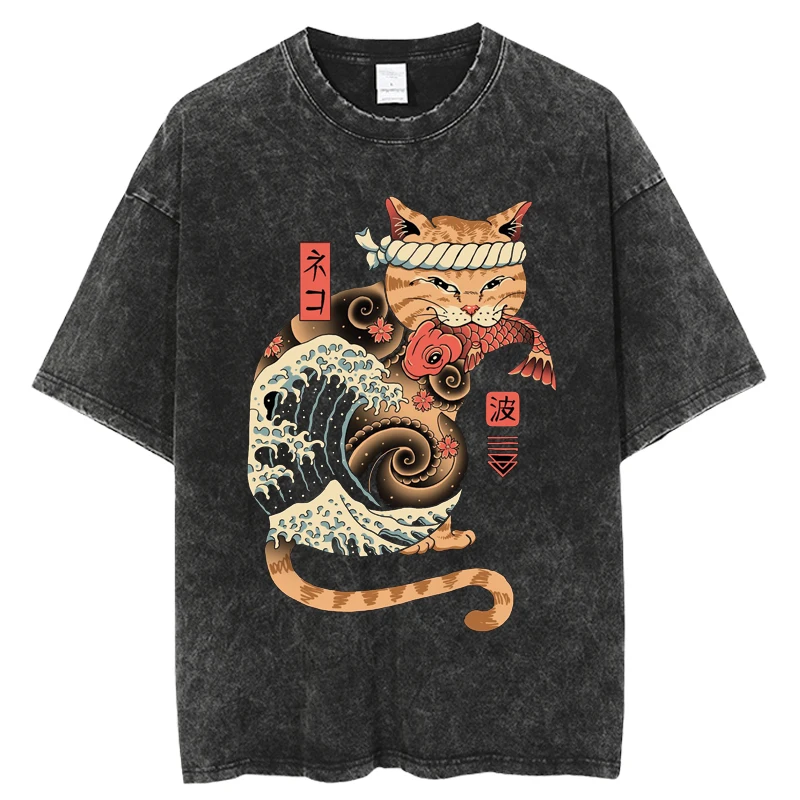 Vintage Washed T-shirt Men Casual Cotton Short Sleeve Samurai Cat Print Anime Tshirt Japanese Neko Sushi Wave Tops Oversize Tees