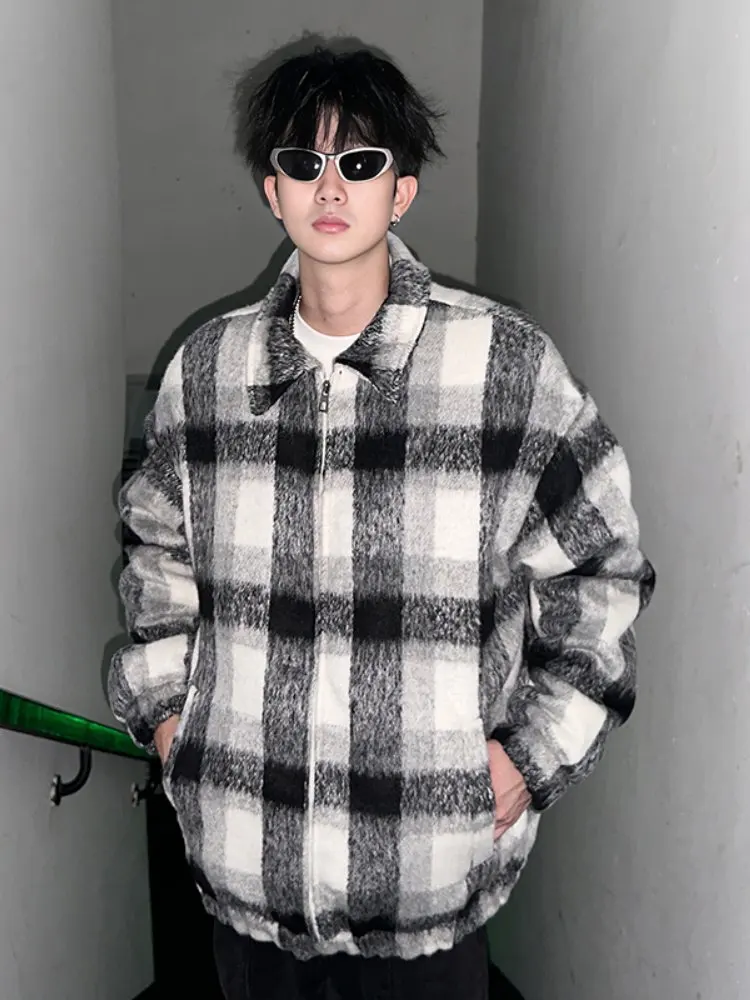 

Мужское шерстяное пальто в черно-белую клетку с отложным воротником, зимнее, теплое, модное, в американском ретро-стиле