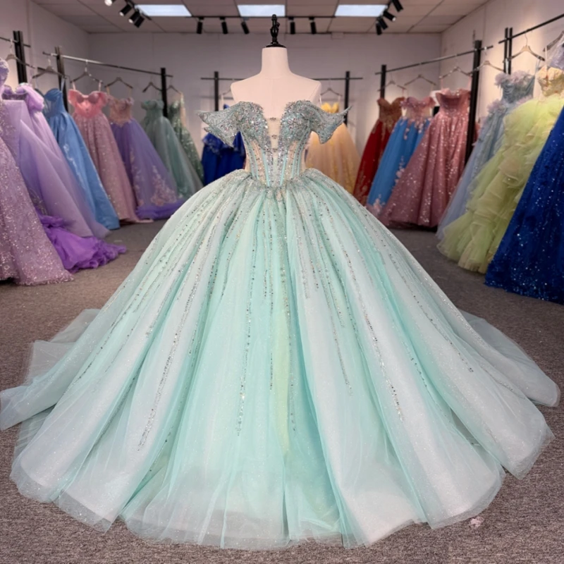 

Aqua Green Shiny Quinceanera Dresses Off The Shoulder Beading Crystal Bow Tull Corset Party Birthday Sweet 16 Dress Vestidos 15