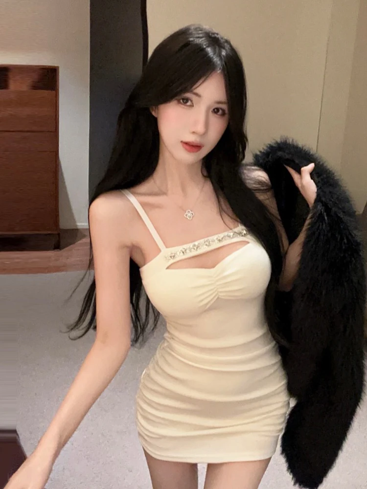 Foamlina Women's Spaghetti Strap Dress with Crystal Detail Cut Out Sleeveless Backless Slim Bodycon Summer Night Out Mini Dress