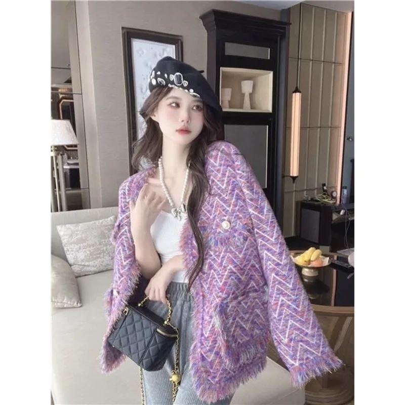 

Женский кардиган-блузка из трикотажа, осенне-зимний, в гонконгском стиле, свободного кроя, с контрастными цветами, новый, повседневный, минималистичный