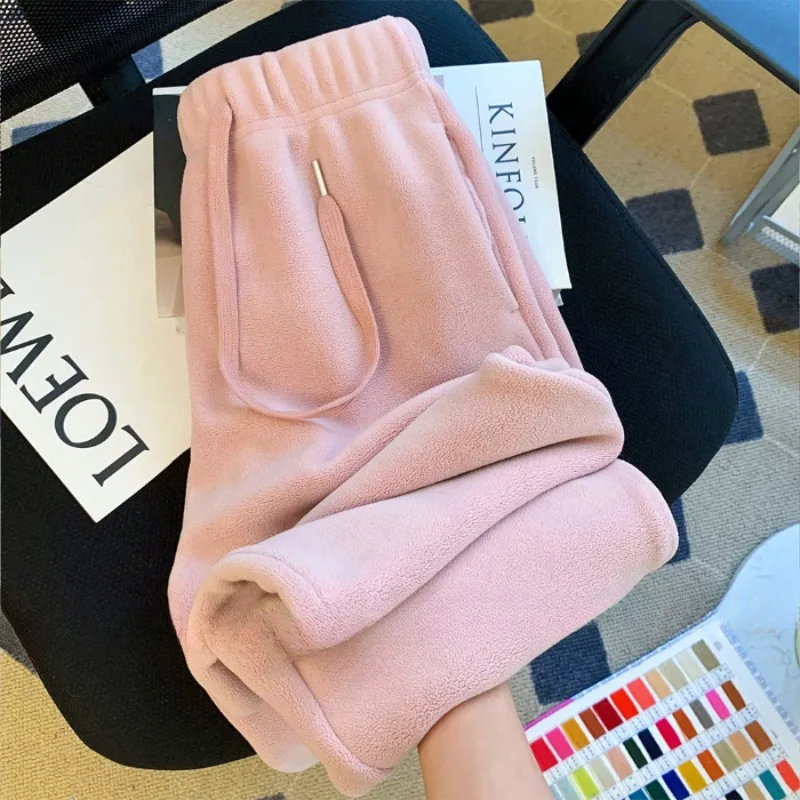 Pink Fleece Sports Pants for Women Autumn and Winter Thick Warm Cotton Pants Small Stature Ankle Binding Fleece Sanitary Pants