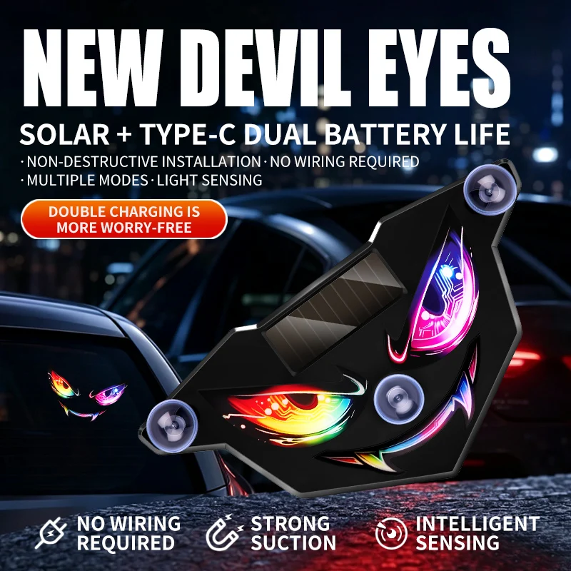 Solar‑Powered Dynamic Devil’s Eye LED Warning Light Wireless Multi‑Mode Decor Lamp Solar & Type‑C Dual Charging for Car Window