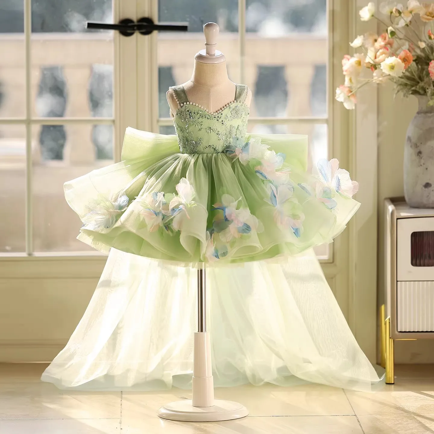 Baby Kids Princess Flowers Sequined Lace Flower Girl Dress Children First Communion Dress Ball Gown Wedding Party Dress Birthday