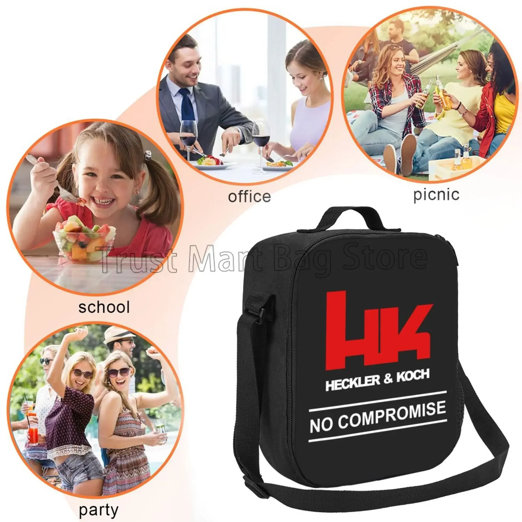 HK Lunch Bag Heckler Koch Firearms No Compromise Insulated Lunch Box Reusable Thermal Cooler Bento Tote Bag with Shoulder Strap