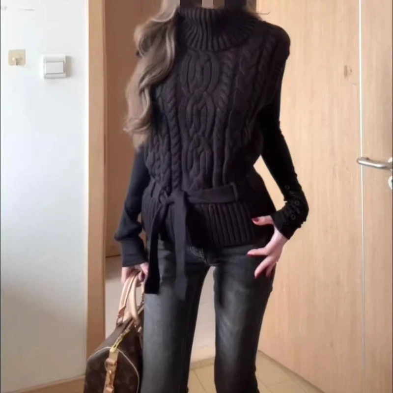 

Y2k Sleeveless Black Sweater Knitwear Women Casual Pure Color Slim Pullover Fake Two-Piece Turtleneck Korean 2025 New Arrival