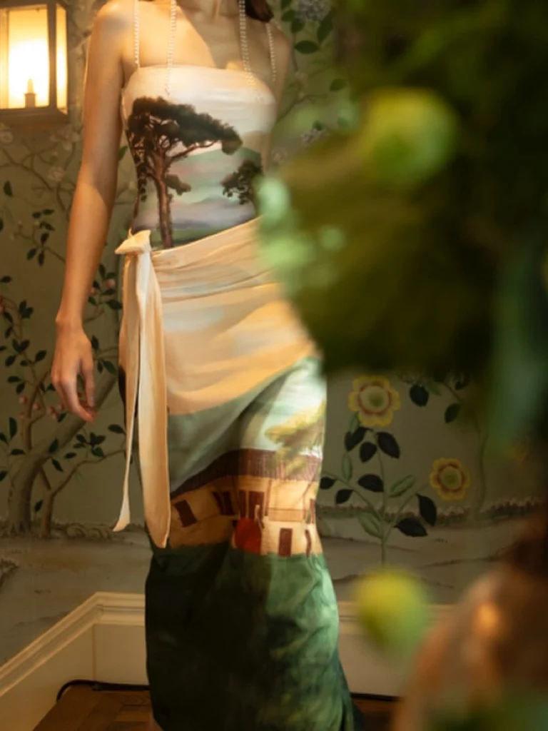 

Women Printed Two-Piece Set Square Collar Sleeveless Fashion Jumpsuit + Lace-up High Waist Silk and Cotton Long Skirt Suit