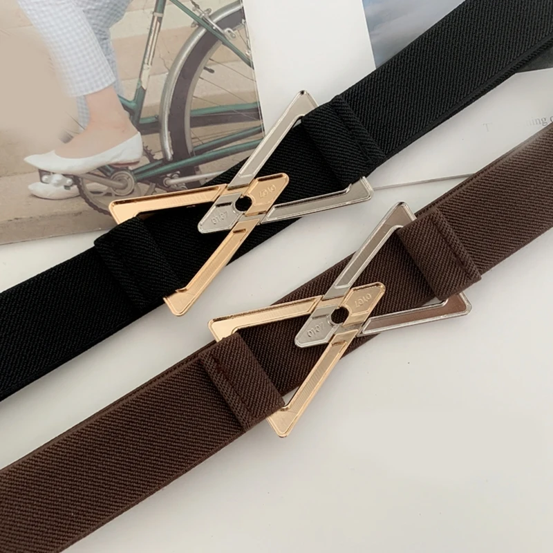 A2ES Vintage Waist Belt Triangular Buckle Sash Elastic Waistband Stretchy Belt