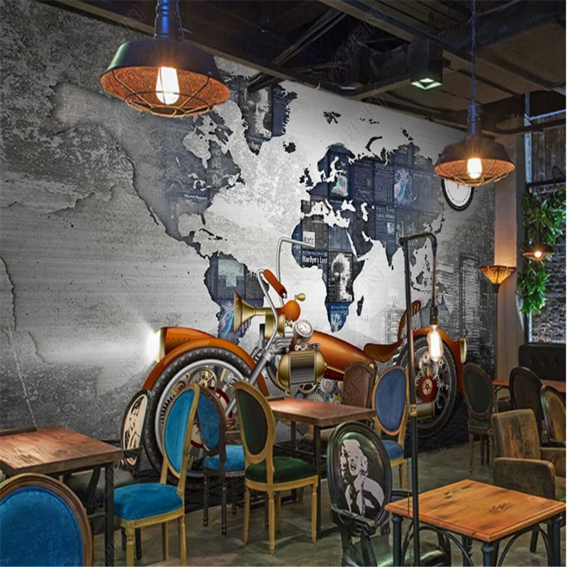 World Map Retro Motorcycle Bar Restaurant Wallpapers Industrial Decoration Tooling Background Wall Paper Mural papel de parede