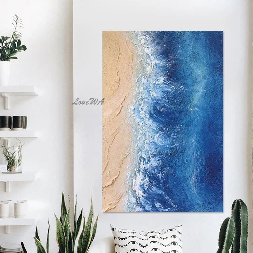 

Sea Wave Painting Abstract Wall Art Picture Unframed Artwork Canvas Roll Acrylic Thick Texture Beach Palette Knife Oil Painting